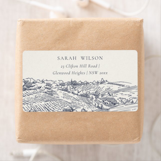 Rustic Navy Blue Winery Mountain Sketch Adress Fraktsedel (Insitu)