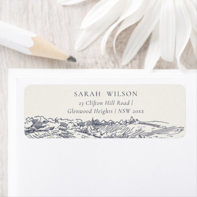 Rustic Navy Blue Winery Mountain Sketch Adress Returadress Etikett (Insitu)