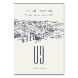 Rustic Navy Blue Winery Mountain Sketch Bröllop Bordsnummer