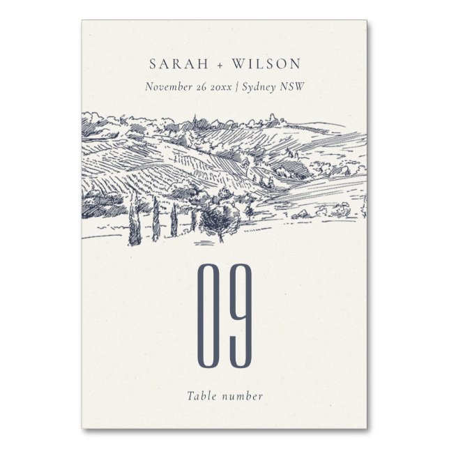 Rustic Navy Blue Winery Mountain Sketch Bröllop Bordsnummer (Framsidan)
