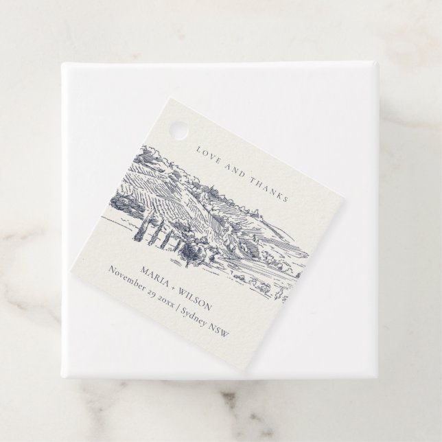 Rustic Navy Blue Winery Mountain Sketch Bröllop Gåvor Etiketter (På plats)