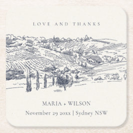 Rustic Navy Blue Winery Mountain Sketch Bröllop Underlägg Papper Kvadrat