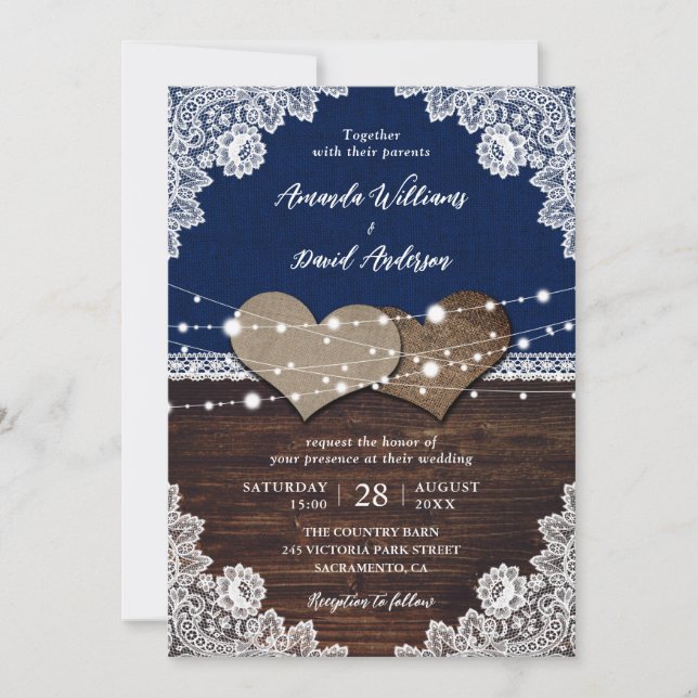 Rustic Navy Blue Wood Burlap Snöre Bröllop Inbjudningar (Framsida)