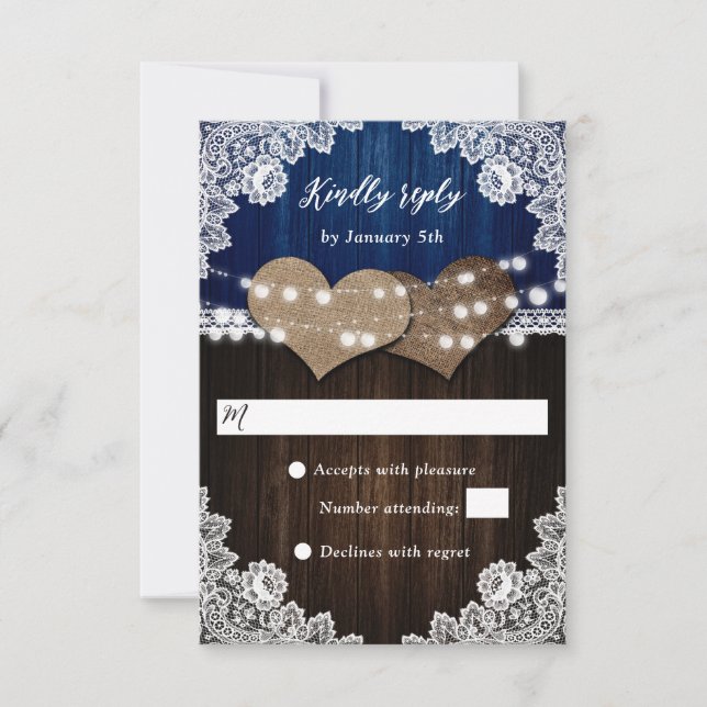 Rustic Navy Blue Wood Burlap Snöre Bröllop OSA (Framsida)