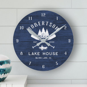 Rustic Navy Blue Wood Family Sjö House Träd Rund Klocka