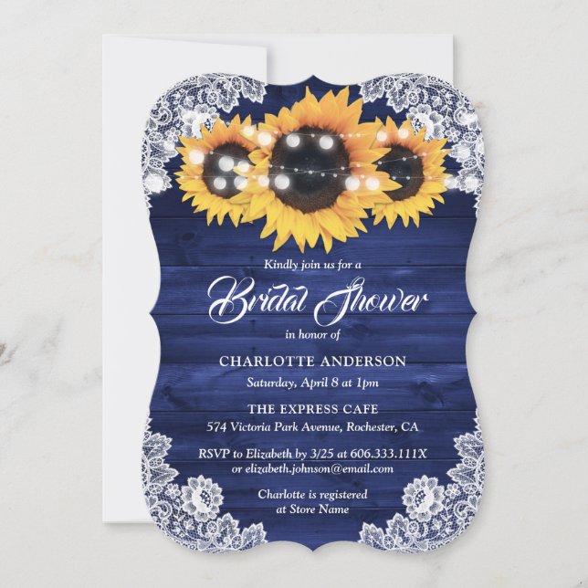 Rustic Navy Blue Wood Lace Sunflower Bridal Shower Inbjudningar (Framsida)