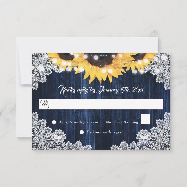 Rustic Navy Blue Wood Lace Sunflower Wedding OSA Kort (Framsida)