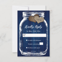 Rustic Navy Blue Wood Mason Burk Hearts Bröllop OSA Kort