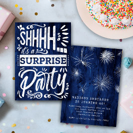 Rustic Navy Blue Wood Shh Surprise Birthday Party Inbjudningar