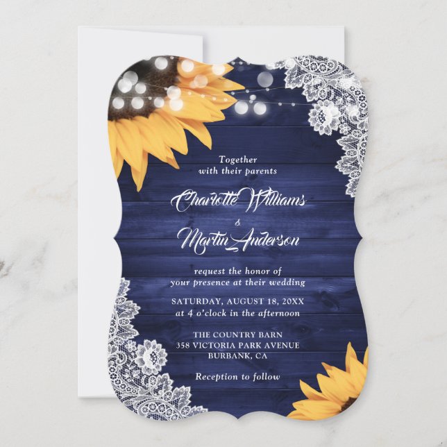 Rustic Navy Blue Wood Snöre Solros Bröllop Inbjudningar (Framsida)