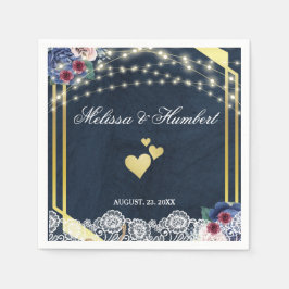 Rustic Navy Blue Wood Snöre String Ljus Bröllop Pappersservett