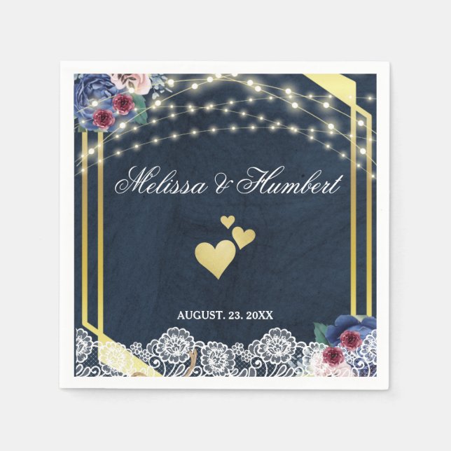 Rustic Navy Blue Wood Snöre String Ljus Bröllop Pappersservett (Framsidan)