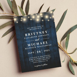 Rustic Navy Blue Wood String Ljus Bröllop Inbjudningar