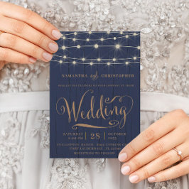 Rustic Navy Blue Wood & String Ljus Bröllop Inbjudningar