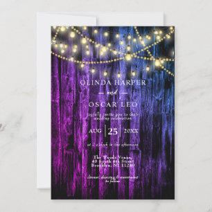 Rustic Navy Blue Wood String Ljus Bröllop Invita Inbjudningar