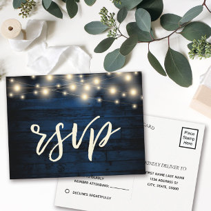 Rustic Navy Blue Wood String Ljus OSA Inbjudan Vykort