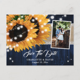 Rustic Navy Blue Wood Sunflower Wedding Photo Meddelande Vykort