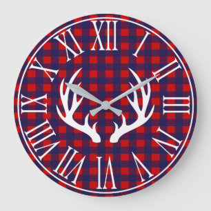 Rustic Navy Buffalo Check Play & Hjort Antlers Stor Klocka