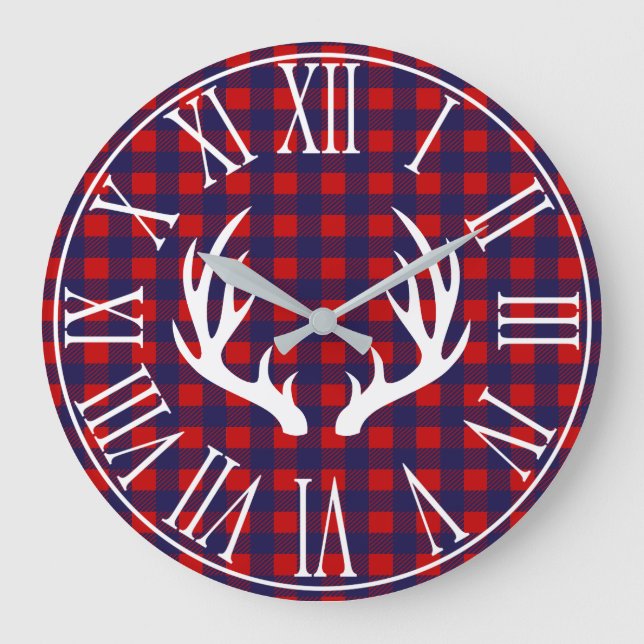 Rustic Navy Buffalo Check Play & Hjort Antlers Stor Klocka (Framsida)