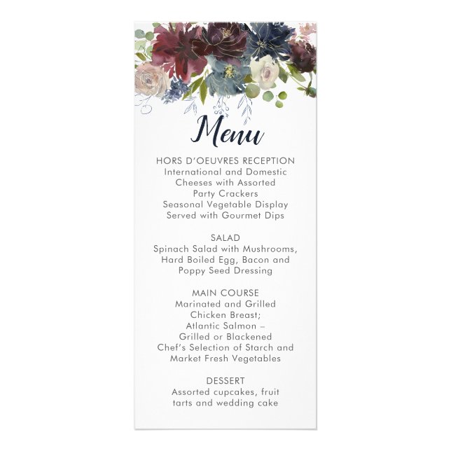 Rustic Navy Burgundy Marsala Blommigt Bröllop Menu Reklamkort (Framsidan)