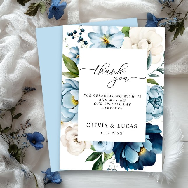 Rustic Navy Dusty Blue Cute Elegant Blommigt Bröll Tack Kort (Skapare uppladdad)