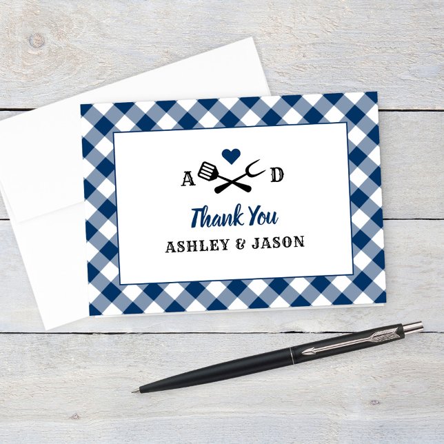 Rustic Navy Gingham Play BBQ Bröllop Monogram Tack Kort (Skapare uppladdad)