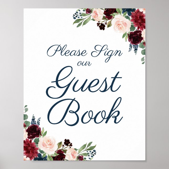 Rustic Navy Marsala Blommigt Bröllop Guest Bok Sig Poster (Framsidan)
