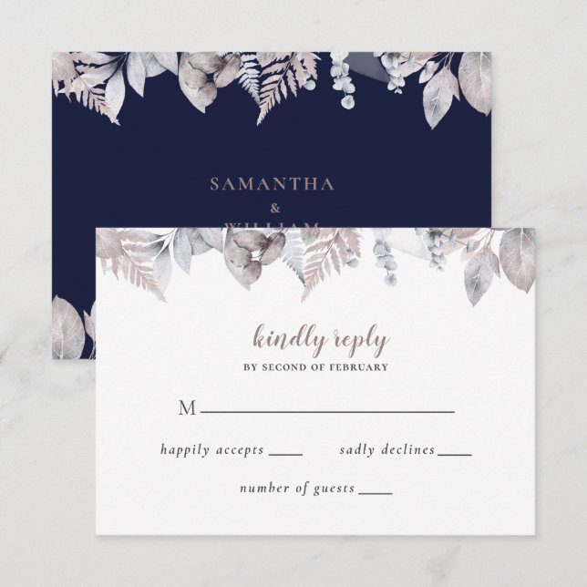 Rustic Navy Mauve Blommigten Botanical Bröllop OSA Kort (Fram/baksida)
