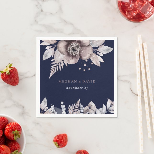 Rustic Navy Mauve Blommigten Botanical Bröllop Pappersservett (Insitu)