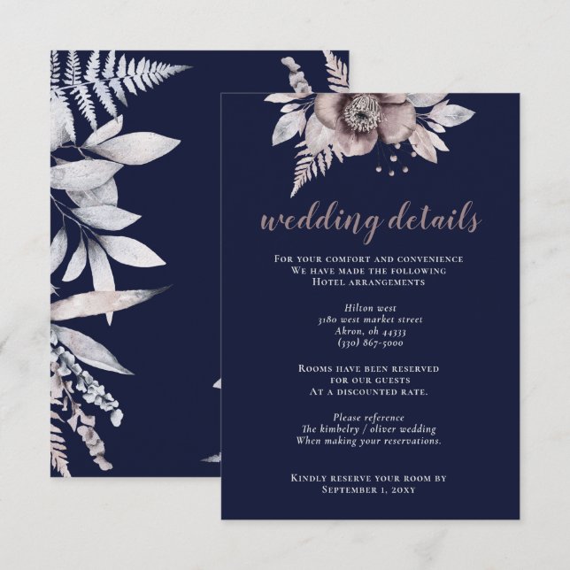 Rustic Navy Mauve Blommigten Botanical Bröllop Tilläggskort (Fram/baksida)