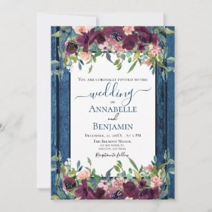 Rustic Navy och Burgundy Blommigt Bröllop Inbjudningar