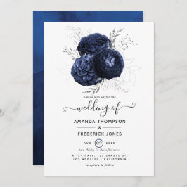 Rustic Navy och Faux Glitter Silver Blommigt Bröll Inbjudningar
