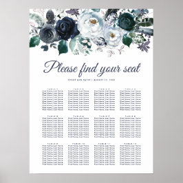 Rustic Navy Peony Bröllop 12 Bord Seating Chart Poster