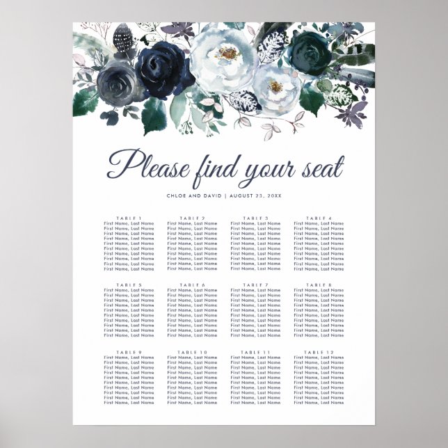 Rustic Navy Peony Bröllop 12 Bord Seating Chart Poster (Framsidan)