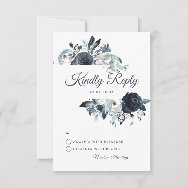Rustic Navy Peony Watercolor Bröllop OSA (Framsida)