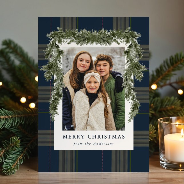 Rustic Navy Plaid Greenery Christmas 4 Photo Julkort (Skapare uppladdad)