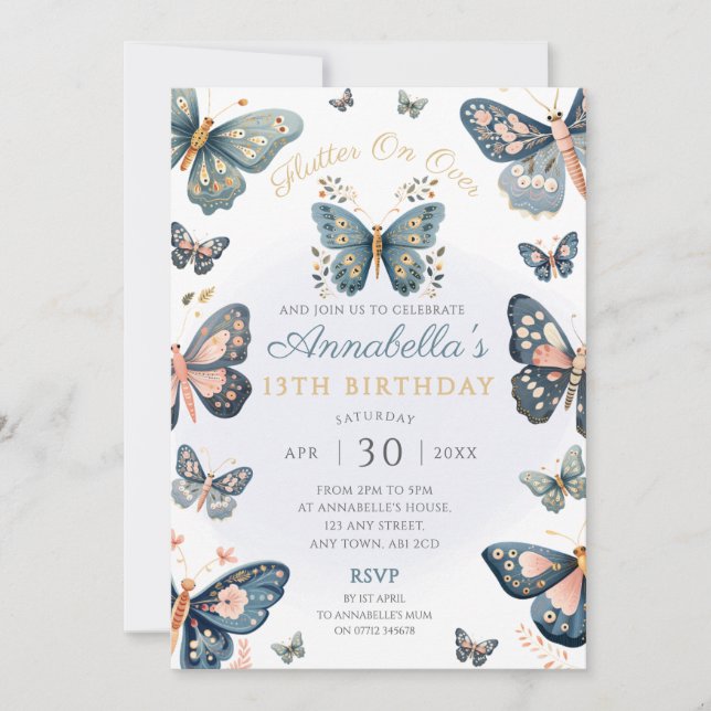 Rustic Navy & Rosa Butterfly Party-inbjudan Inbjudningar (Framsida)