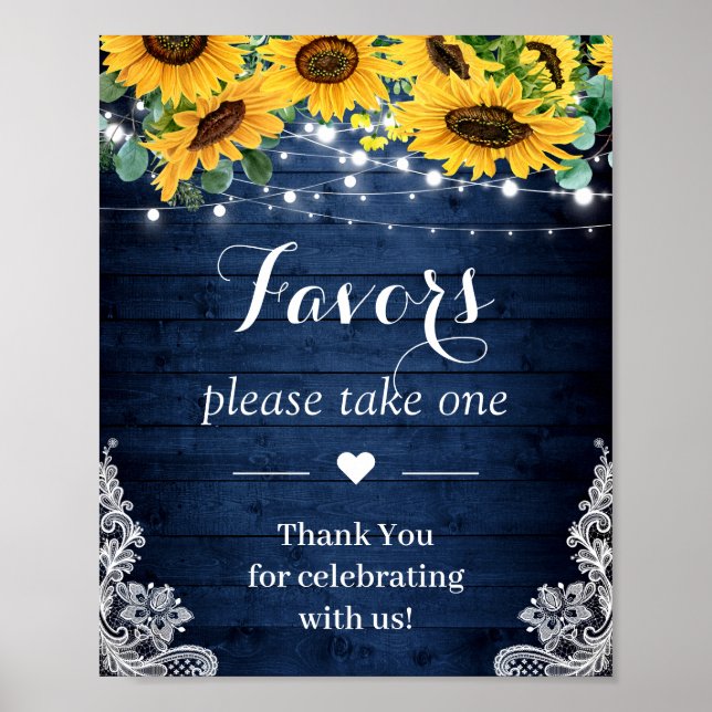 Rustic Navy Solros String Ljus Wedding Favands Poster (Framsidan)