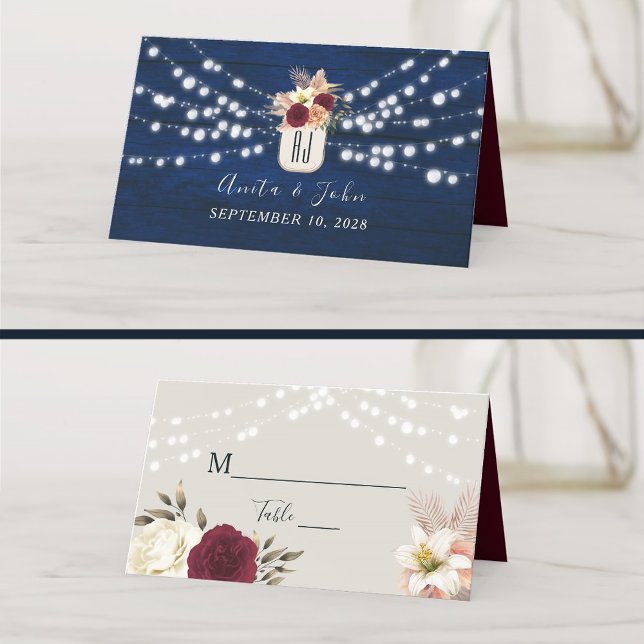 Rustic Navy String Ljus Place Card Placeringskort (Skapare uppladdad)