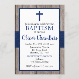 Rustic Navy & Wood Boy Baptism Inbjudningar