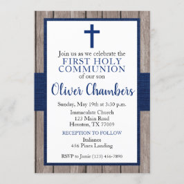 Rustic Navy & Wood Boy First Heliga Communion Inbjudningar