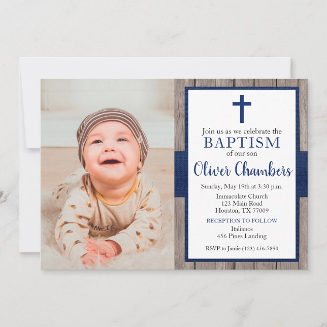 Rustic Navy & Wood Boy Photo Baptism Inbjudningar (Framsida)