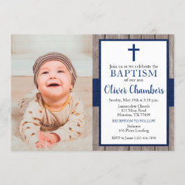 Rustic Navy & Wood Boy Photo Baptism Inbjudningar