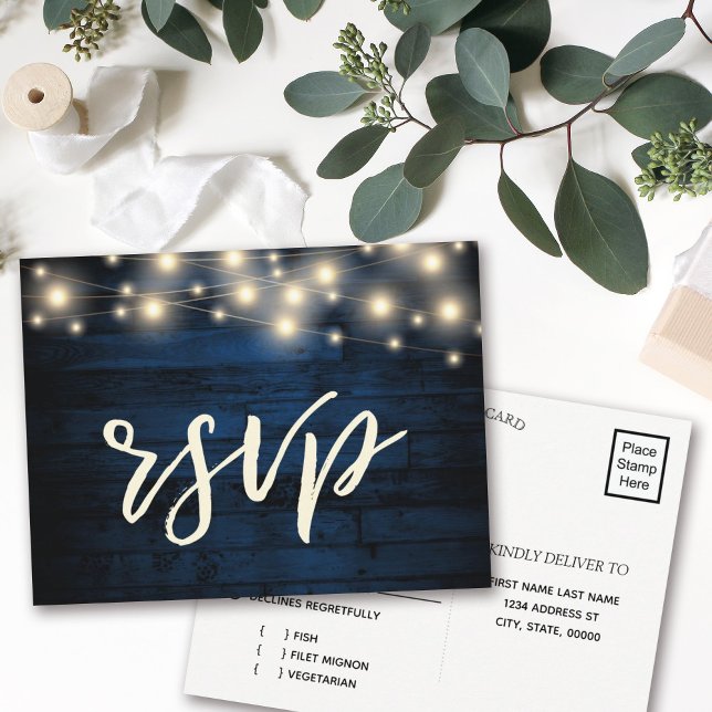 Rustic Navy Wood String Ljus OSA Meal Inbjudan Vykort (Skapare uppladdad)
