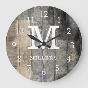 Rustic Nedfläckad Pallet Wood Family Namn Monogra Stor Klocka