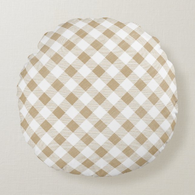 Rustic Neutralt Beige Gingham Play Rund Kudde (Framsidan)