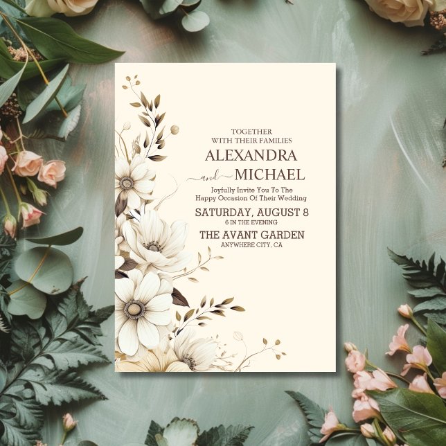 Rustic Neutralt Boho Blommigt Bröllop Inbjudningar (Skapare uppladdad)