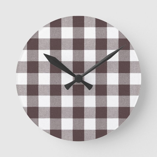 Rustic Neutralt Brown White Gingham Buffalo Play Rund Klocka (Framsida)