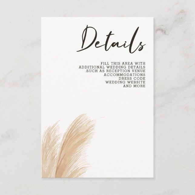 Rustic Neutralt Earthy Boho Pampas Grass Bröllop Tilläggskort (Framsida)