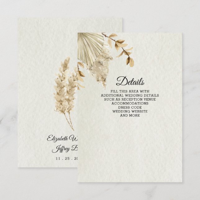 Rustic Neutralt Earthy Boho Pampas Grass Bröllop Tilläggskort (Fram/baksida)